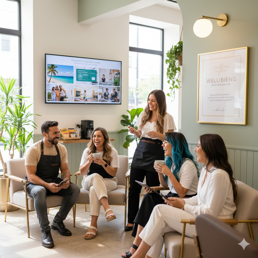 Team members talking together in the Yumi Glow lounge