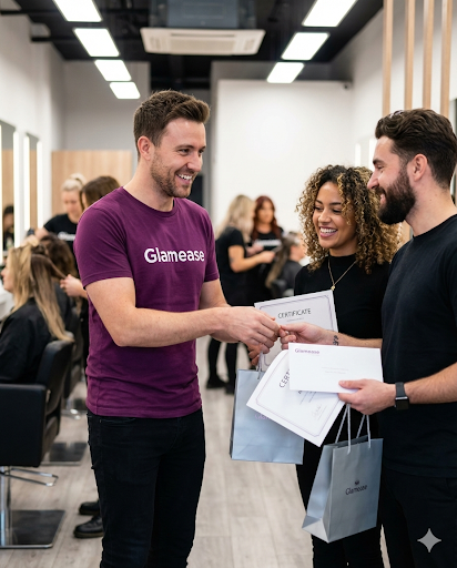 A Glamease team member handing a partnership certificate to a salon owner