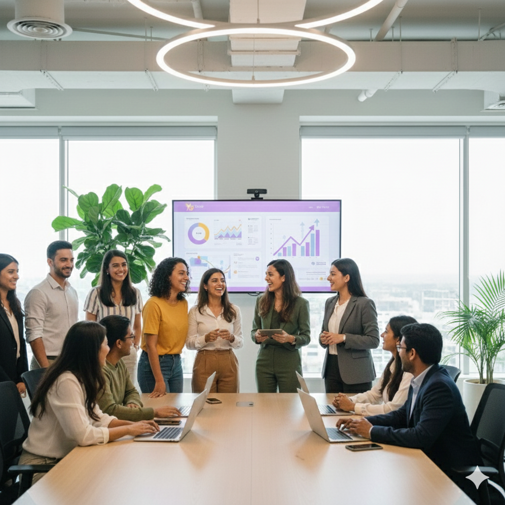 Team reviewing product metrics together in a meeting room